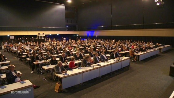 In einem großen Konferenzsaal sitzen viele Menschen in Anzügen an langen Tischreihen nebeneinander. © Screenshot 