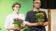 Katharina Horn und Ole Krüger nach ihrer Wahl zum Spitzenduo beim Landesparteitag in Rostock. © Screenshot 