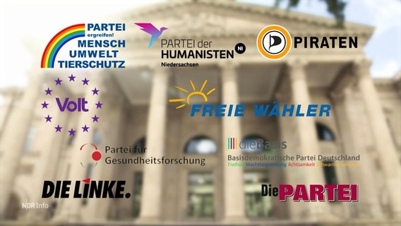 Eine Außenaufnahme des niedersächsischen Landtags mit den Logos kleinerer Parteien. © Screenshot 