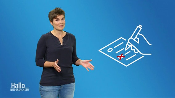 Eine Frau neben einer Animation eines Wahlscheins. © Screenshot 