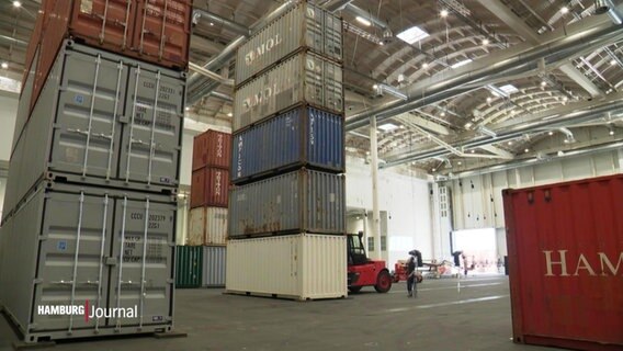 Container werden in einer sehr großen Halle gestapelt. © Screenshot 