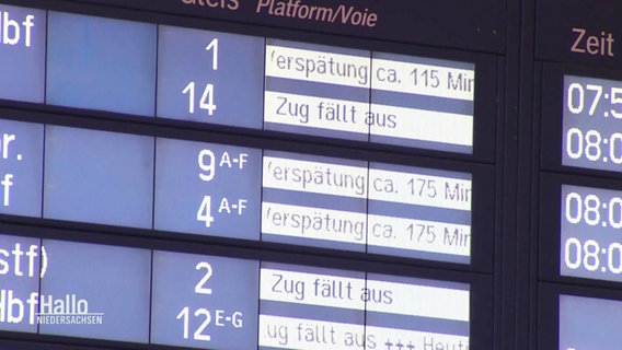 Eine Anzeigentafel der Deutschen Bahn mit zahlreichen verspäteten Zügen. © Screenshot 