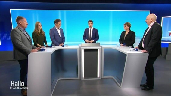 Moderator Jan Starkebaum steht mit Politikern und Politikerinnen im Studio. © Screenshot 