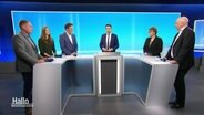 Moderator Jan Starkebaum steht mit Politikern und Politikerinnen im Studio. © Screenshot 