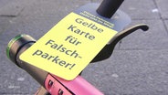Ein Lübecker Verein bringt die Schilder "Gelbe Karte für Falschparker" an E-Scooter an. © Screenshot 