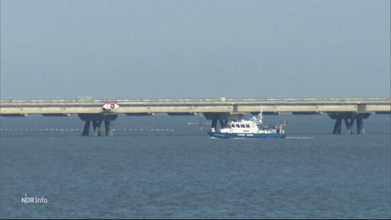 Ein Schiff der Wasserschutzpolizei patrouilliert an der LNG-Leitung in Wilhelmshaven. © Screenshot 