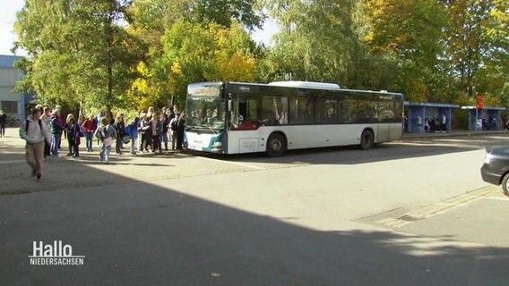 Ein Bus hält an einer Bushaltestelle mit vielen Schulkindern. © Screenshot 