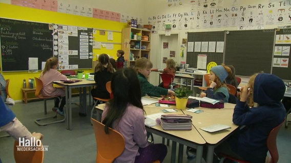 Schülerinnen und Schüler einer Grundschulklasse sitzen an einem Gruppentisch in einem Klassenzimmer. © Screenshot 