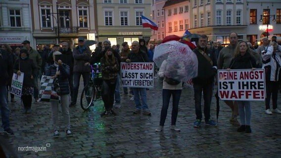 Ein Pulk von Menschen posiert bei einer Demo mit Schildern auf einem Marktplatz. © Screenshot 