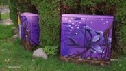 Zwei Stromkästen sind mit lila Fischen angemalt. © Screenshot 