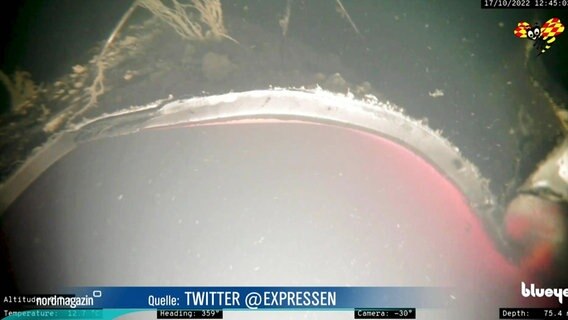 Bilder einer Unterwasserkamera zeigen eine zerstörte Pipeline. © Screenshot 