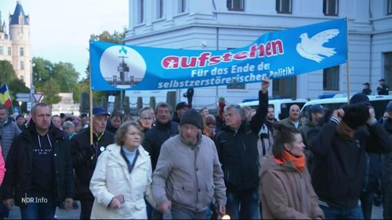 Menschen auf einer Demonstration  halten ein himmelblaues Banner. © Screenshot 