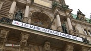 Am Hamburger Rathaus hängt ein Banner mit der Aufschrift: " 125 Jahre Rathaus Hamburg" © Screenshot 