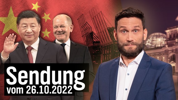 Der Staatspräsident der Volksrepublik China Xi Jinping, daneben Bundeskanzler Olaf Scholz, im Hintergrund die Flagge Chinas und der Hamburger Hafen. Daneben Christian Ehring. © NDR 