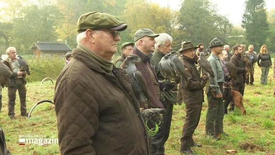 Falkner stehen mit ihren Vögeln in einer Reihe auf einer Wiese. © Screenshot 