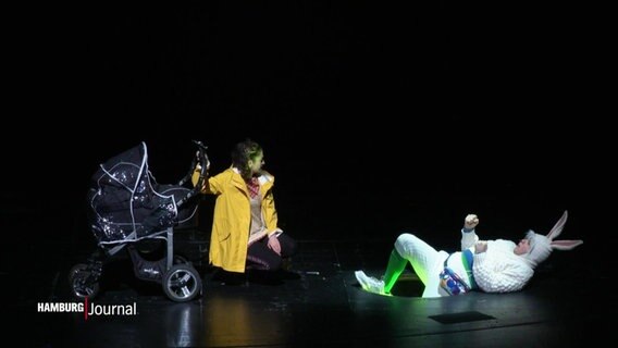 Blick auf die Bühne von "Alice im Wunderland" im Thalia-Theater. Links hockt eine Schauspielerin mit einem gelben Mantel auf dem Boden, neben ihr kommt ein Schauspieler mit Hasenkostüm aus einem Loch aus dem Boden. © Screenshot 
