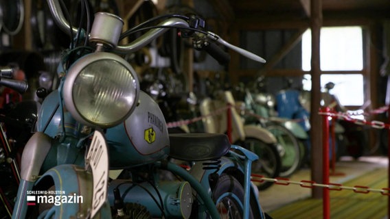 Blick in eine Lagerhalle, in der zahlreiche Mopdes und andere Zweiräder der letzten Jahrzehnte gesammelt stehen. © Screenshot 
