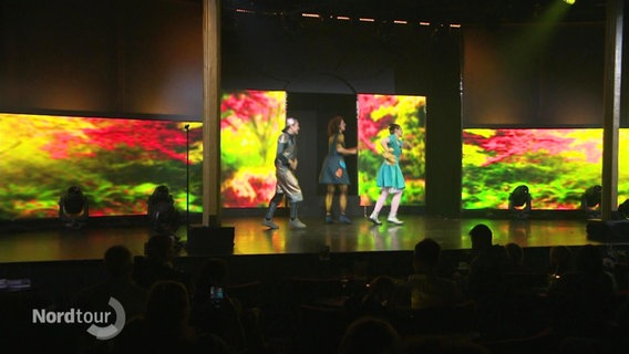 Auf einer Bühne tanzen drei Darstellende in bunten Kostümen. © Screenshot 
