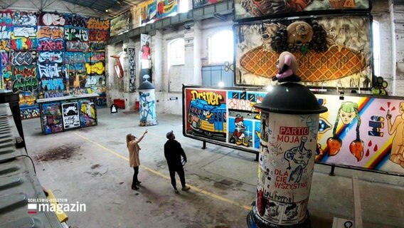 Eine kunstvoll mit Graffitis verzierte alte Industriehalle in Danzig. © Screenshot 