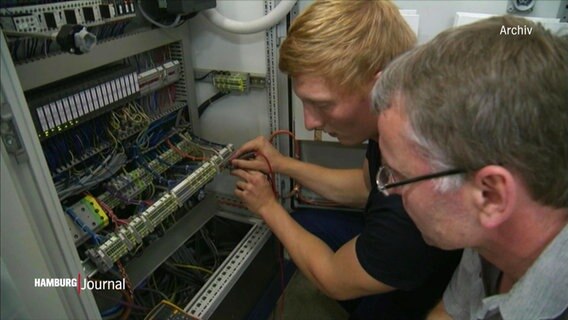 Ein Elektroniker in Ausbildung und sein Ausbilder an einem Stromkasten. © Screenshot 