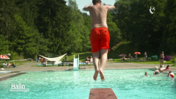 Eine Person springt vom Sprungbrett im Freibad, Spiegelbad, im Harz © Screenshot 