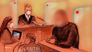 Zeichnung der Gerichtszeichner:in: Der Angeklagte auf der Anklagebank. © Screenshot 