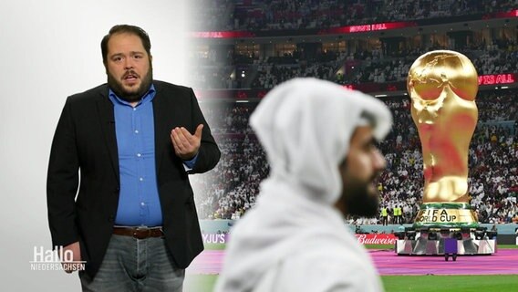 Im Vordergrund argumentiert ein Mitarbeiter des NDR Niedersachsen vor einem Greenscreen. Darauf ist ein Standbild der WM-Eröffnungszeremonie in Katar zu sehen. © Screenshot 