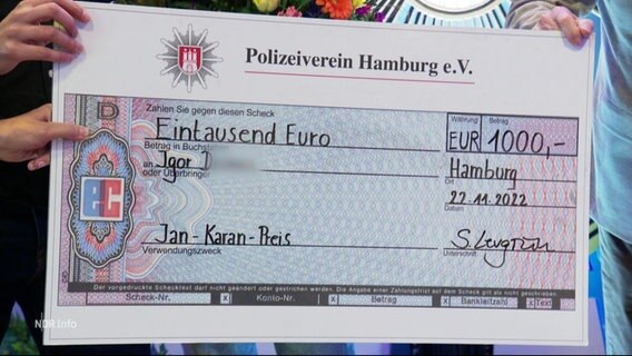 Der überreichte Scheck über 1000,- Euro. © Screenshot 