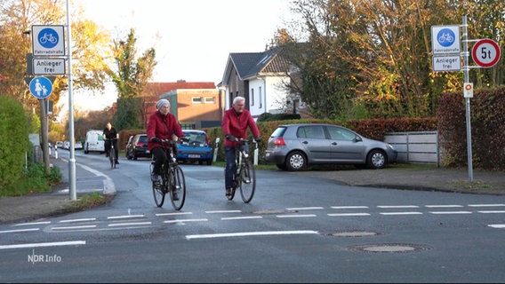 Zwei Radfahrer überqueren eine Straße. © Screenshot 