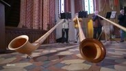 Musiker blasen auf Alphörnern in einer Kirche. © Screenshot 