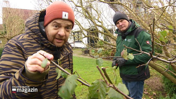 Reporter Samir Chawki und Gartenexperte Thomas Balster stehen in einem Garten. Beide schauen in die Kamera. © Screenshot 