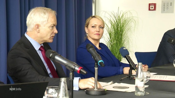 Ein Mann und eine Frau sitzen vor Mikrofinen auf eine Bühne. © Screenshot 