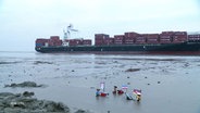 Ein Containerschiff auf der Elbe, davor drei Spielzeugfiguren im Schlick, die die Landesflaggen von drei Bundesländern tragen. © Screenshot 