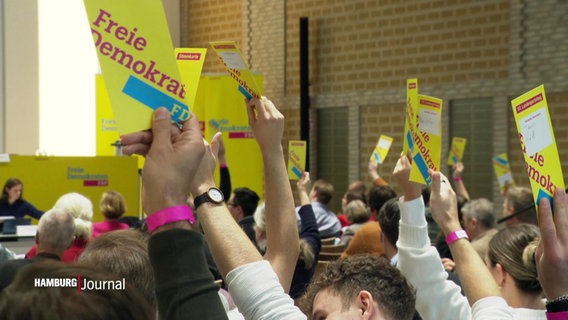 Parteimitglieder halten bei einer Abstimmung gelbe Zettel der FDP in die Höhe. © Screenshot 