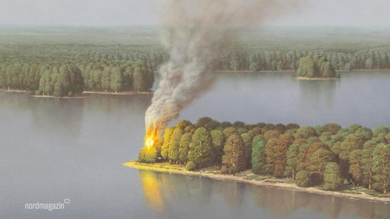 Ölgemälde: Am Ende einer Landzunge brennt ein Baum. © Screenshot 