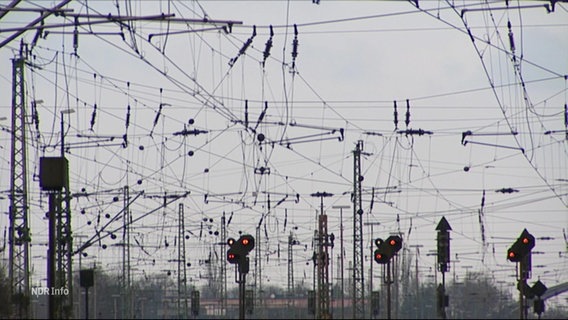 Ein Netz aus Oberleitungen und Leuchtanzeigen auf den Schienen der Deutschen Bahn © Screenshot 