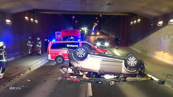Ein auf dem Dach liegendes Unfallauto auf einer Straße unter einer Brücke, im Hintergrund Rettungskräfte. © Screenshot 