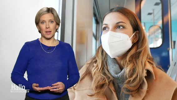 Eine NDR Reporterin berichtet, im Hintergrund ein Bild von einer Frau mit Mund-Nasen-Schutz-Maske. © Screenshot 