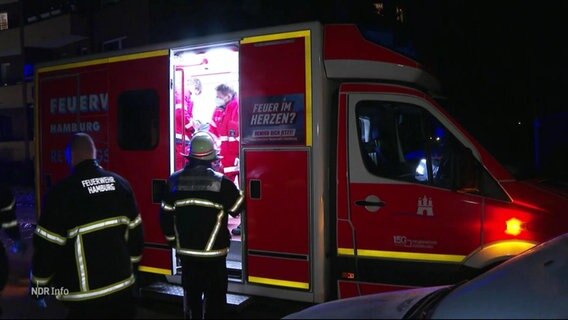 Zwei Sanitäter stehen vor einem Rettungswagen. © Screenshot 