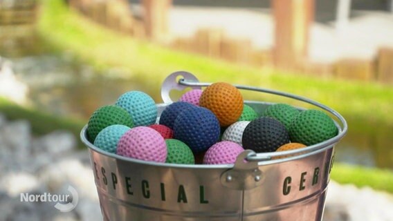 Bunte Golfbälle in einem Eimer. © Screenshot 