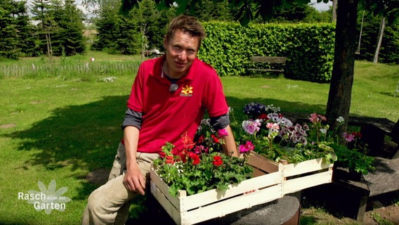 Peter Rasch sitzt neben Holzkisten gefüllt mit Blumen. © Screenshot 