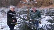 Eine Frau und ein Mann begutachten eine verschneite Nordmanntanne bei einem Weihnachtsbaumverkauf. © Screenshot 