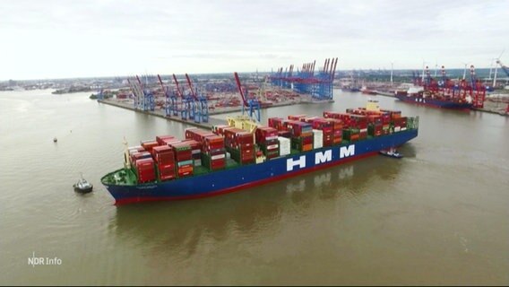 Ein Containerschiff im Hamburger Hafen aus der Vogelperspektive. © Screenshot 