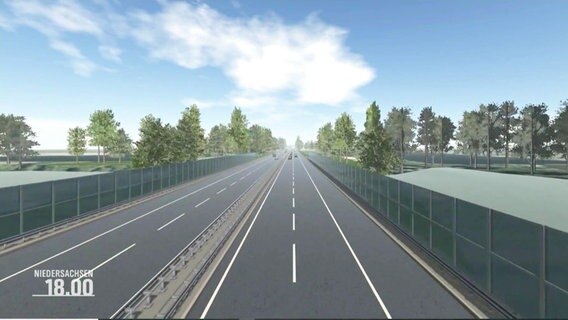 Ein Computer-Modell zeigt den Blick auf die Fahrbahn einer von Schallschutzwällen umgegebenen Autobahn. © Screenshot 