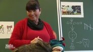 Die Zahnfee, Christiane Lotties, steht vor einer Tafel in einem Klassenzimmer und lächelt. © Screenshot 