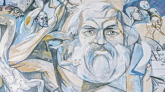 Ein Fresco zeigt Karl Marx und weitere Figuren © Screenshot 