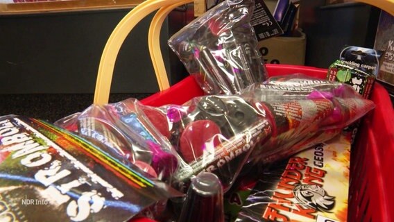 In einem Einkaufskorb liegen noch verpackte Silvesterraketen und Feuerwerkskörper. © Screenshot 
