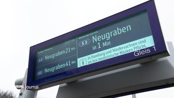 Auf einer Anzeigetafel am Bahnsteig wird auf die Maskenpflicht im Öffentlichen Nahverkehr verwiesen. © Screenshot 