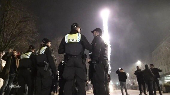 Mehrere Polizistinnen und Polizisten stehen vor einem Feuerwerk. © Screenshot 