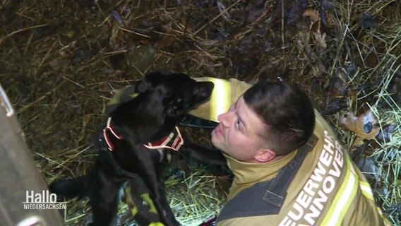 Ein Feuermann hält einen schwarzen Hund. © Screenshot 